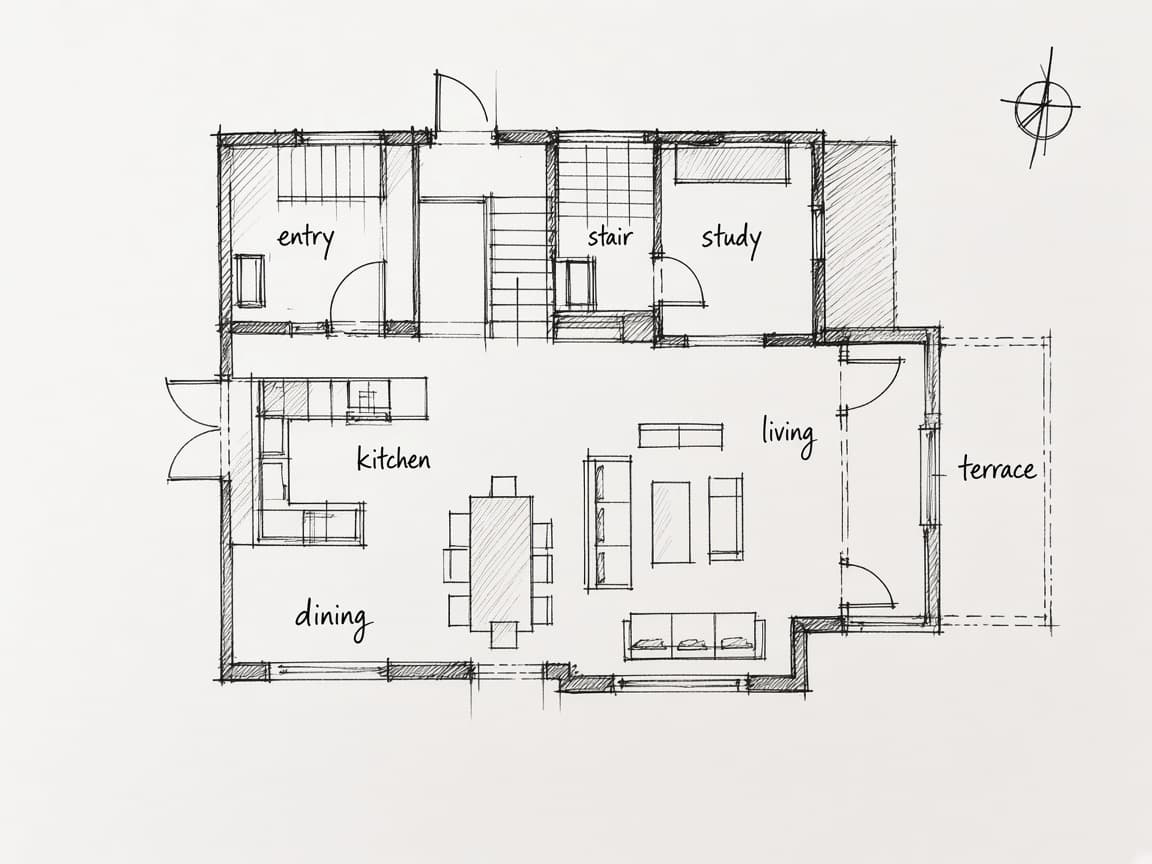 Ravine House ground floor ink sketch