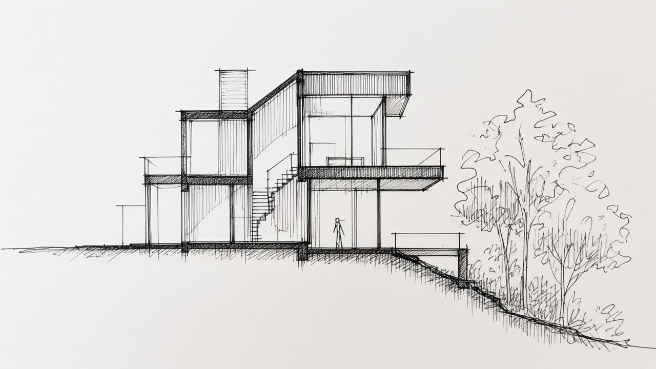 Ravine House longitudinal section ink sketch